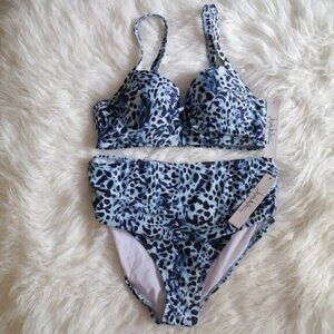 NWT Nicole Miller Bikini Set Size Medium Blue Black Cheetah Print Bathing Suit